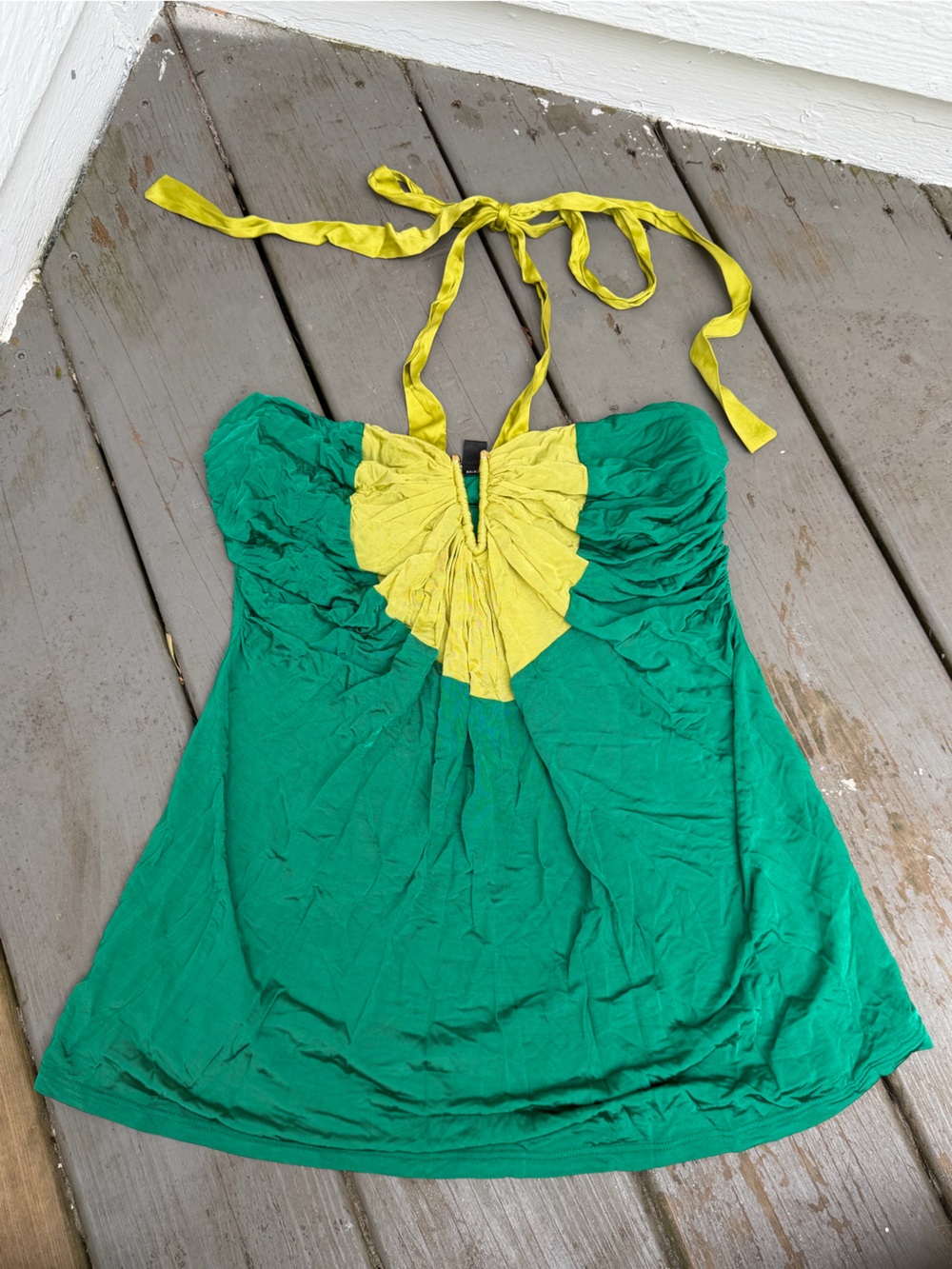 Y2K bebe Silk Green and Yellow Halter Tie-Back Tube Top